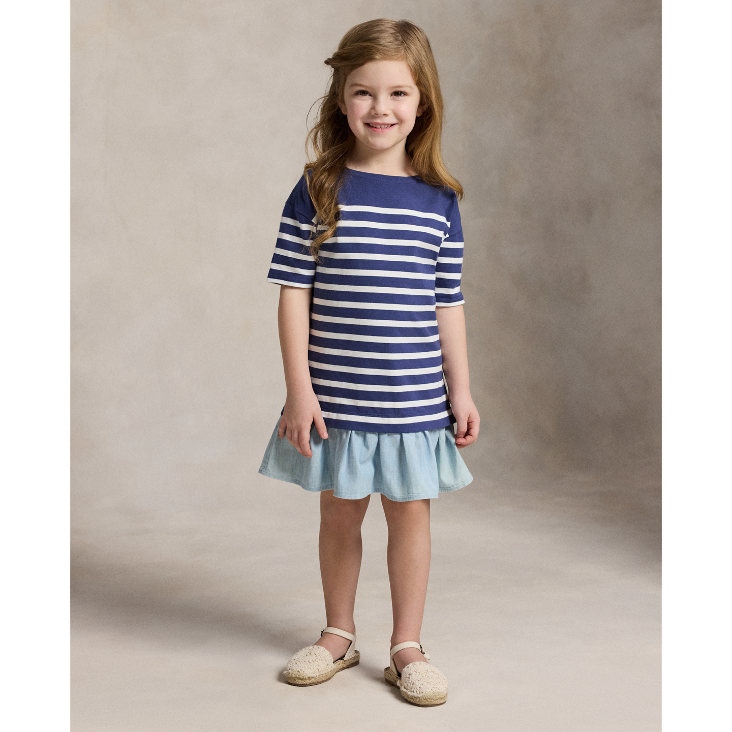 Детское платье Ralph Lauren Striped Chambray-Skirt Cotton, цвет: Тёмно-синий / Белый — фото 4