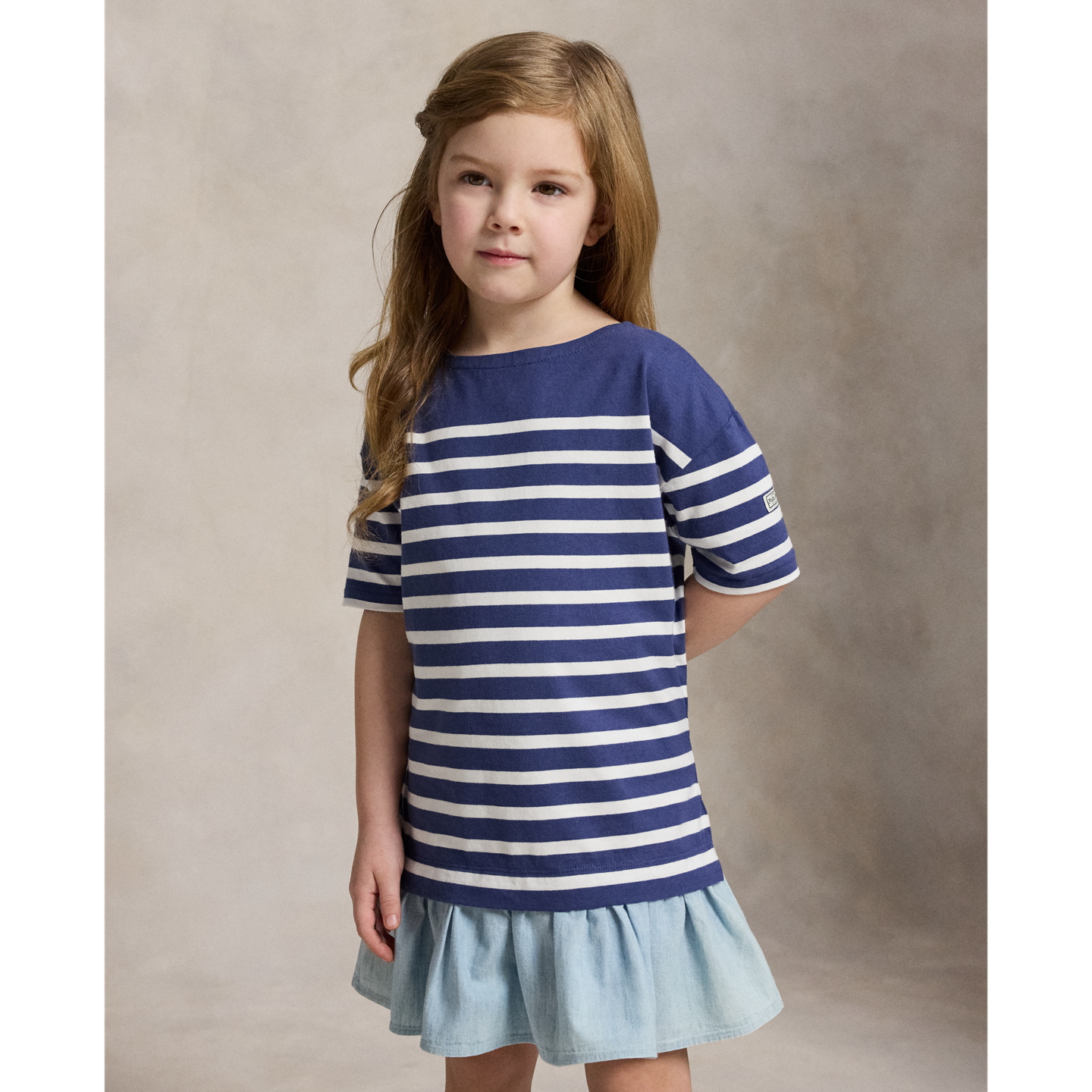 Детское платье Ralph Lauren Striped Chambray-Skirt Cotton, цвет: Тёмно-синий / Белый — фото 2