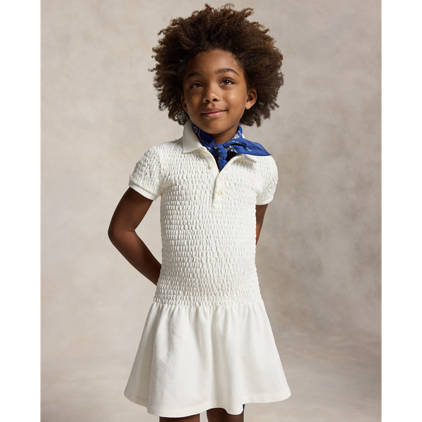 White Smocked Stretch Mesh Polo Dress Girls 2-6x 4