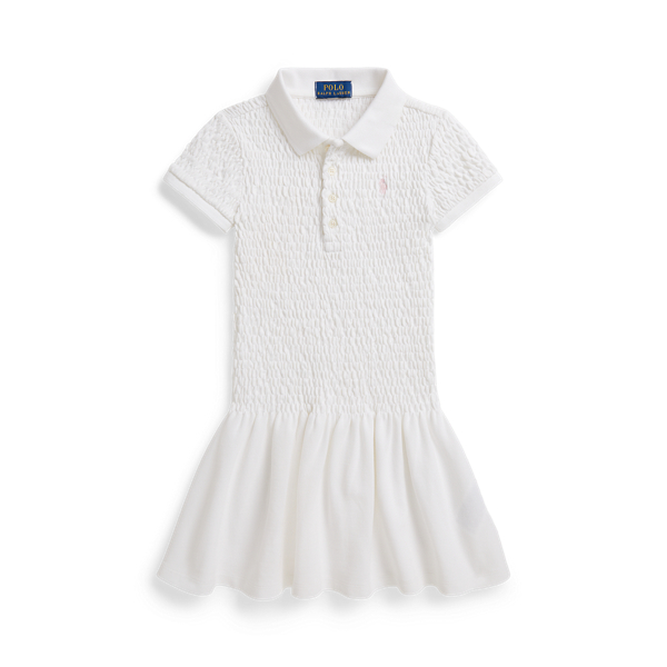 White Smocked Stretch Mesh Polo Dress Girls 2-6x 2