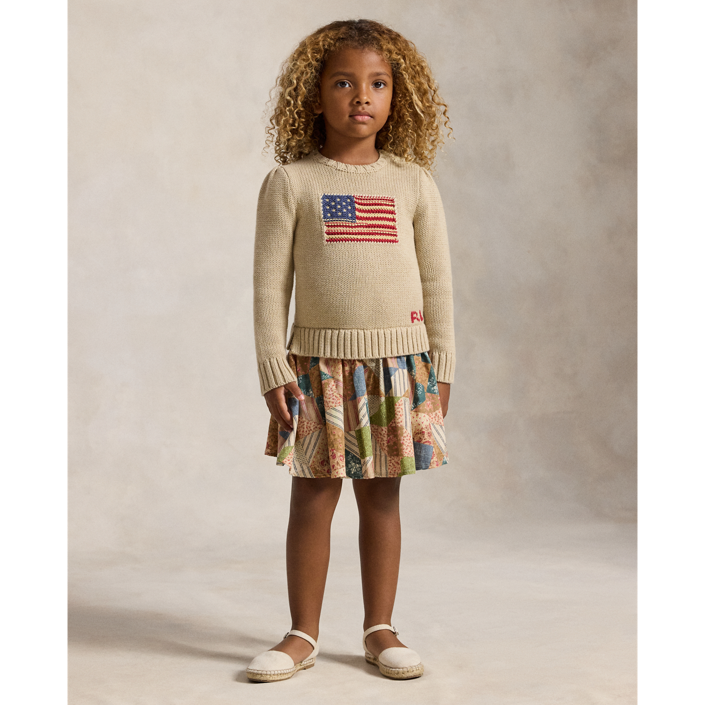 Детское платье Ralph Lauren Flag Patchwork-Print Sweater Dress, цвет: Овсяный разноцветный — фото 4