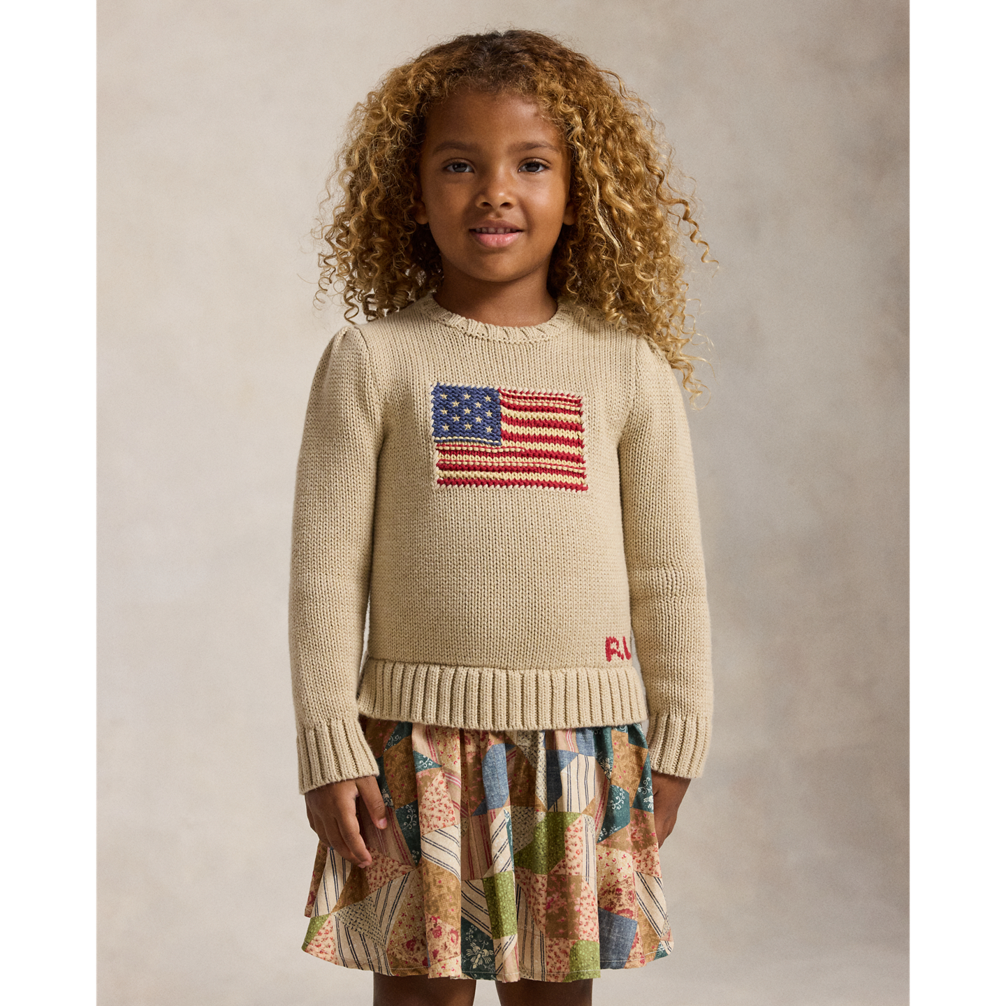 Детское платье Ralph Lauren Flag Patchwork-Print Sweater Dress, цвет: Овсяный разноцветный — фото 2