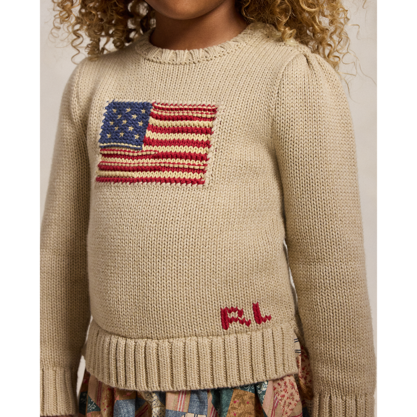 Детское платье Ralph Lauren Flag Patchwork-Print Sweater Dress, цвет: Овсяный разноцветный — фото 3