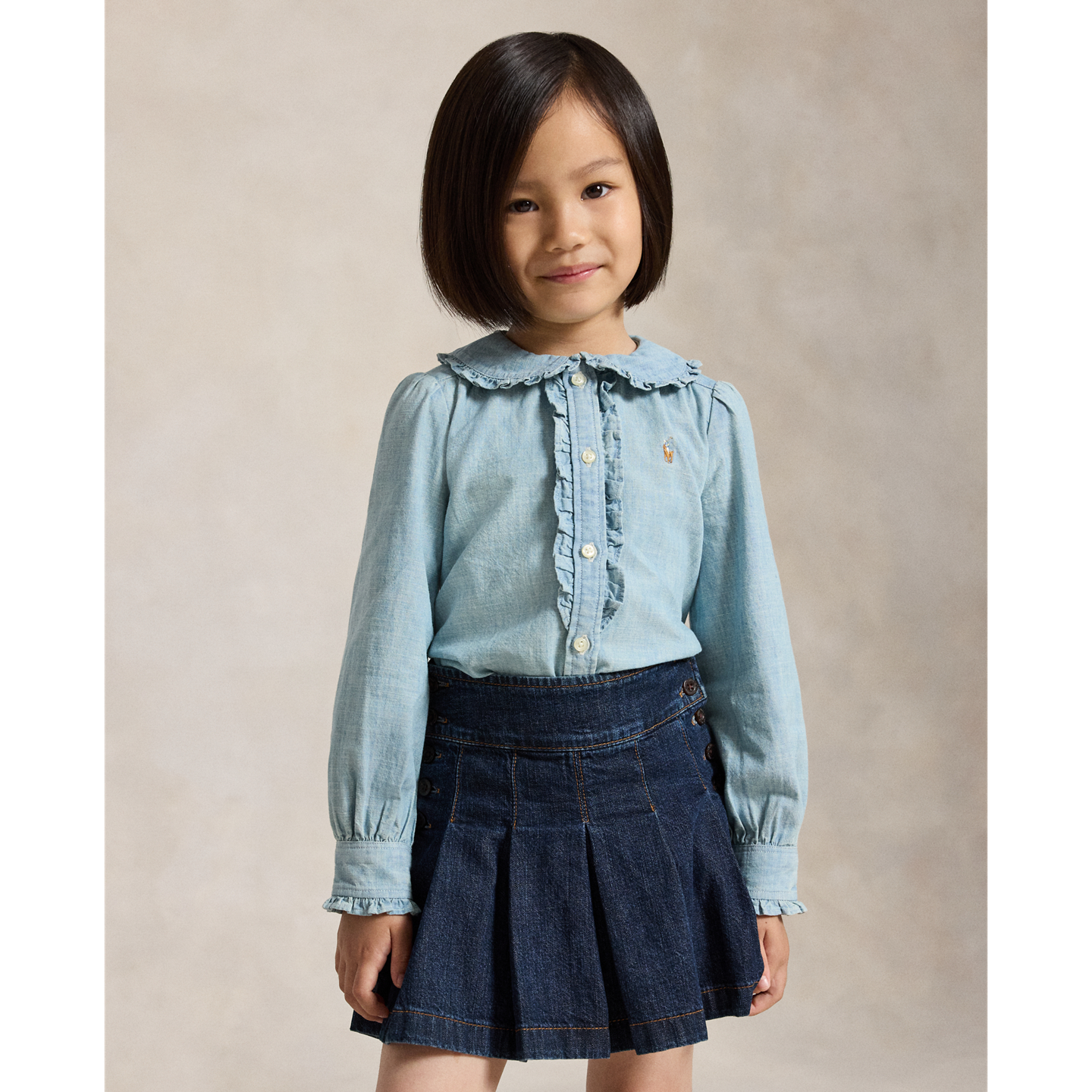 Детский топ Ralph Lauren Cotton Chambray Ruffled, цвет: Средняя варка — фото 4