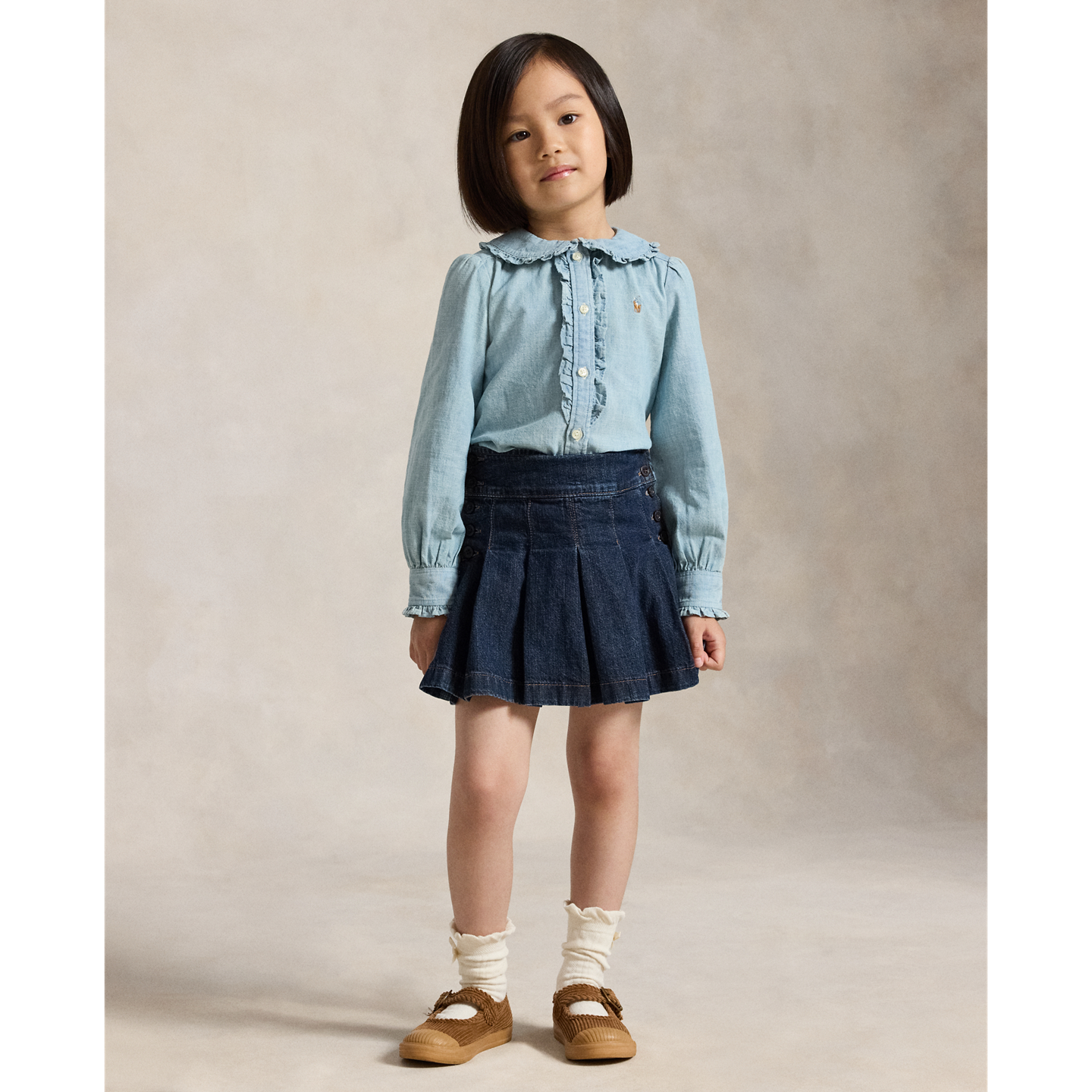 Детский топ Ralph Lauren Cotton Chambray Ruffled, цвет: Средняя варка — фото 2
