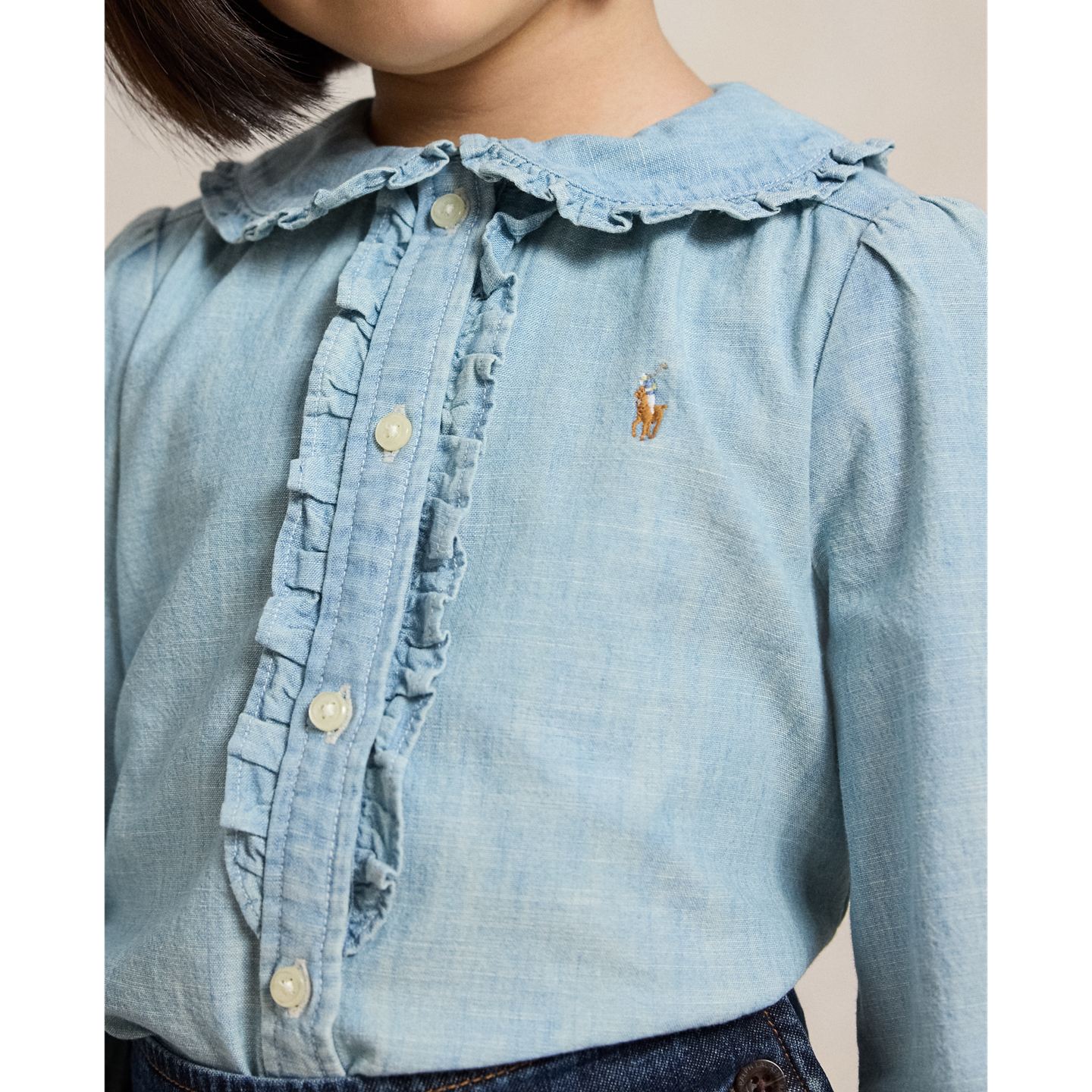 Детский топ Ralph Lauren Cotton Chambray Ruffled, цвет: Средняя варка — фото 3