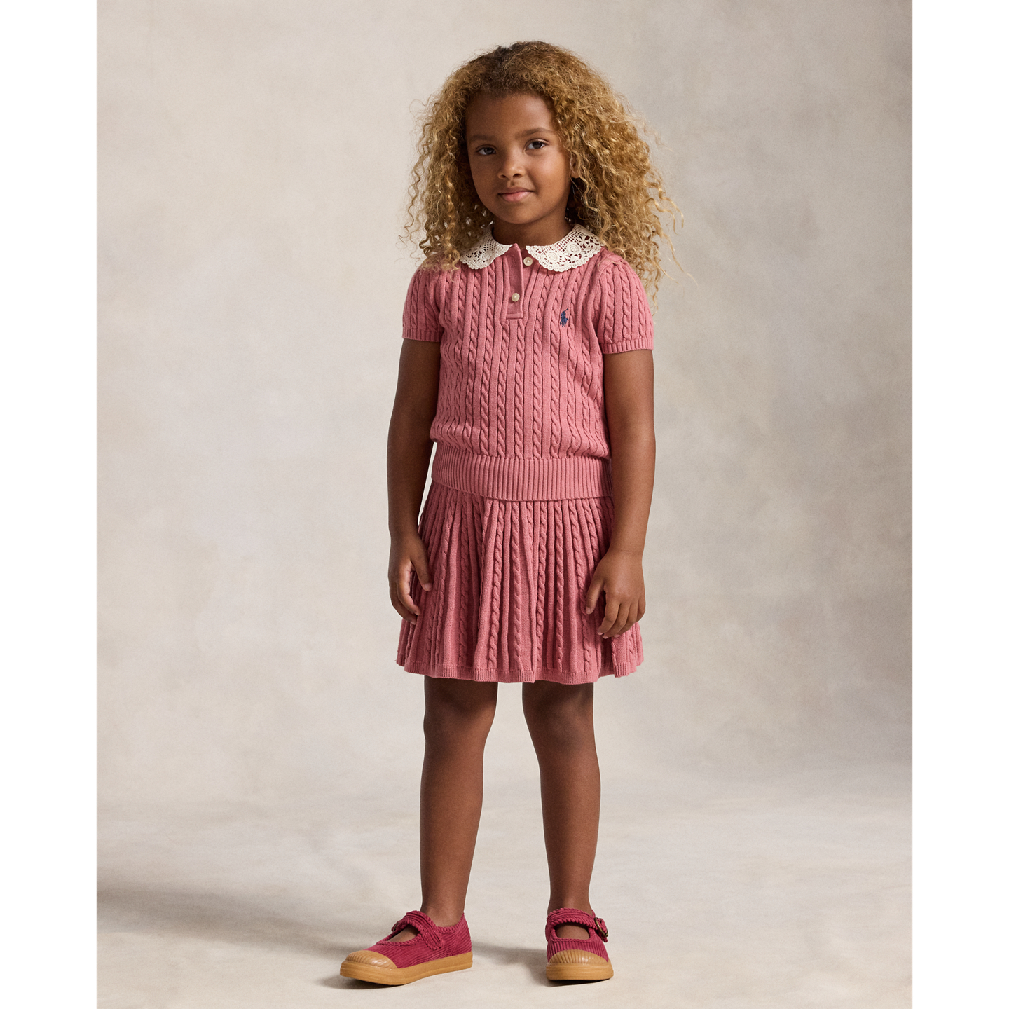 Детские комплекты Ralph Lauren Mini-Cable Cotton Polo Shirt & Skirt, цвет: Холщовый розовый — фото 4