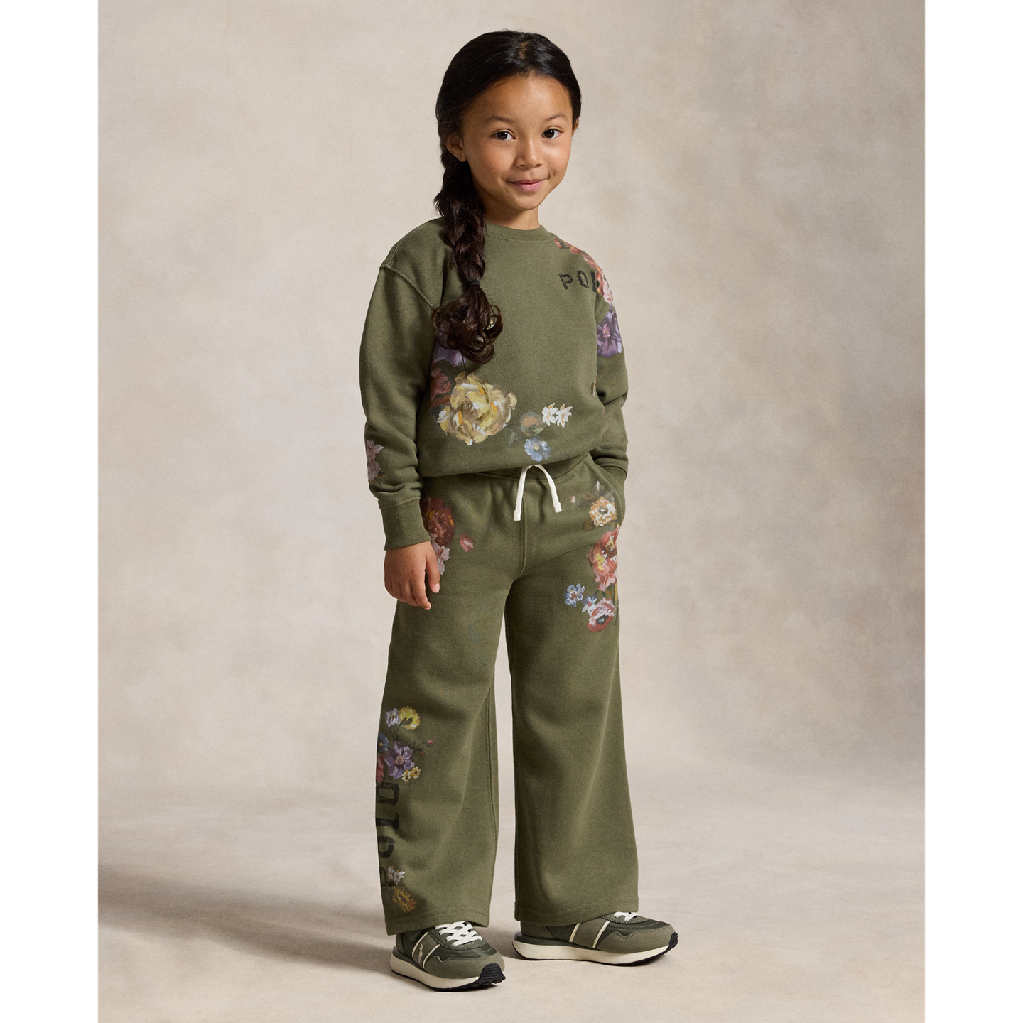 Детские брюки Ralph Lauren Floral Wide-Leg Fleece Sweatpant, цвет: Оливковый — фото 4