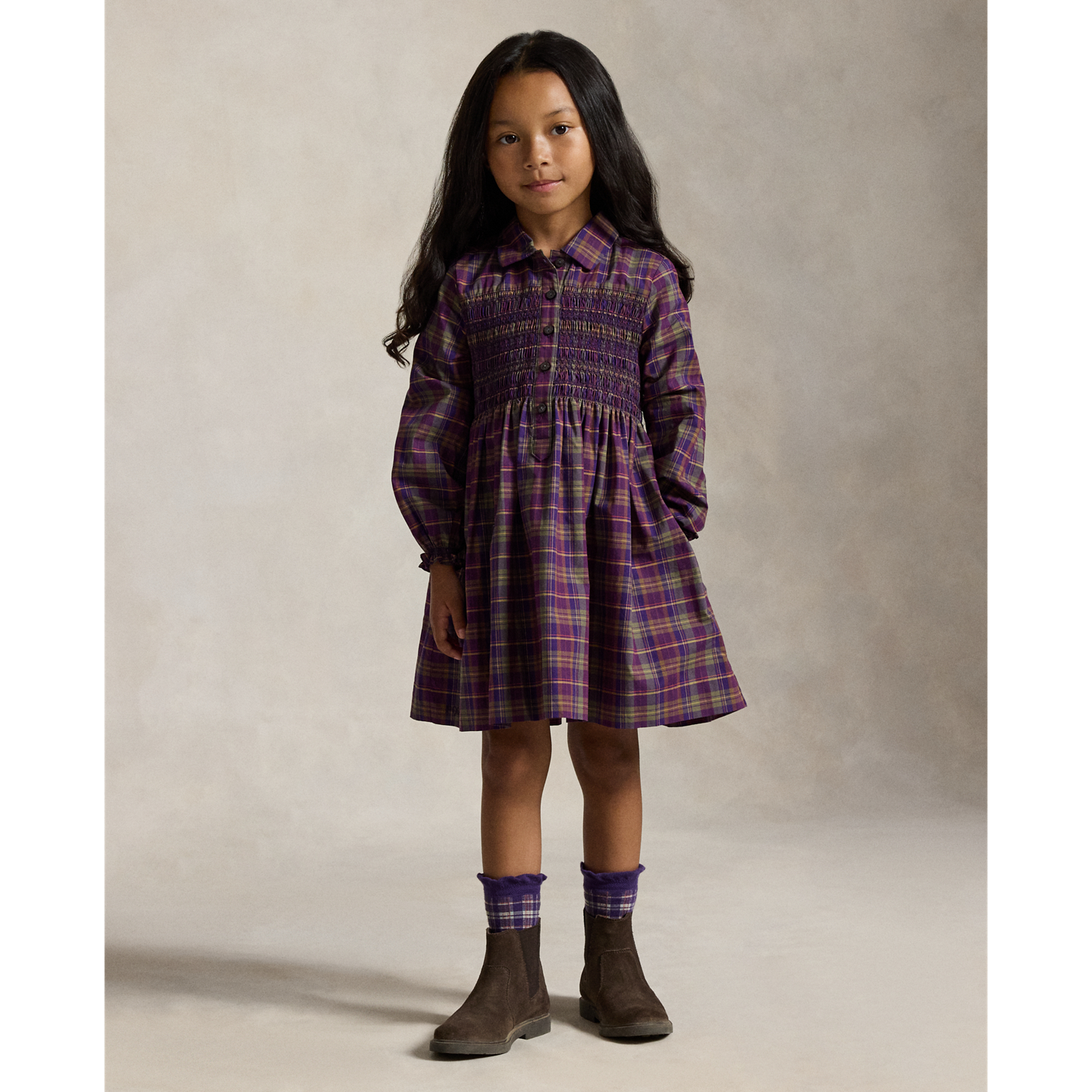 Детское платье Ralph Lauren Floral Cotton Poplin Shirtdress, цвет: Фиолетовый зелёный разноцветный клетчатый — фото 4