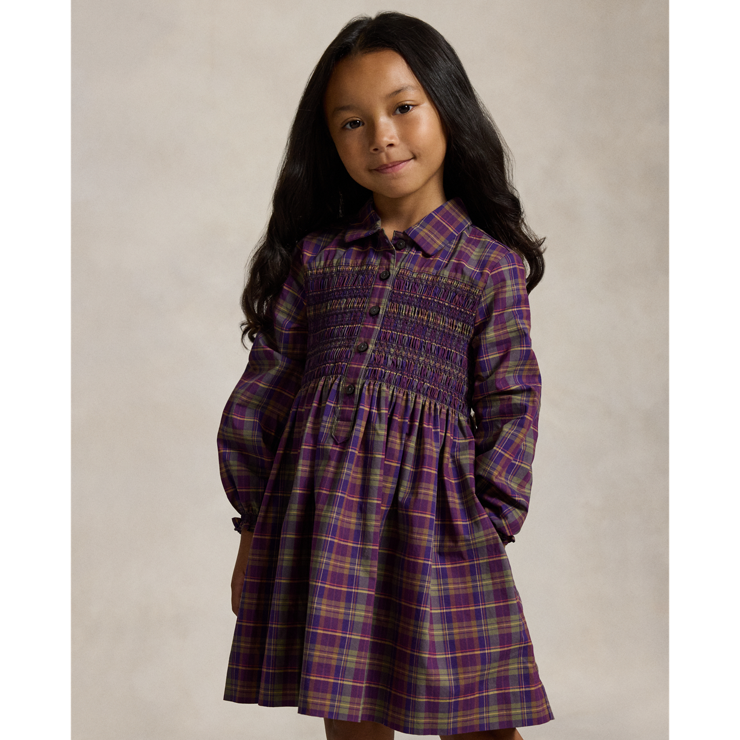 Детское платье Ralph Lauren Floral Cotton Poplin Shirtdress, цвет: Фиолетовый зелёный разноцветный клетчатый — фото 2