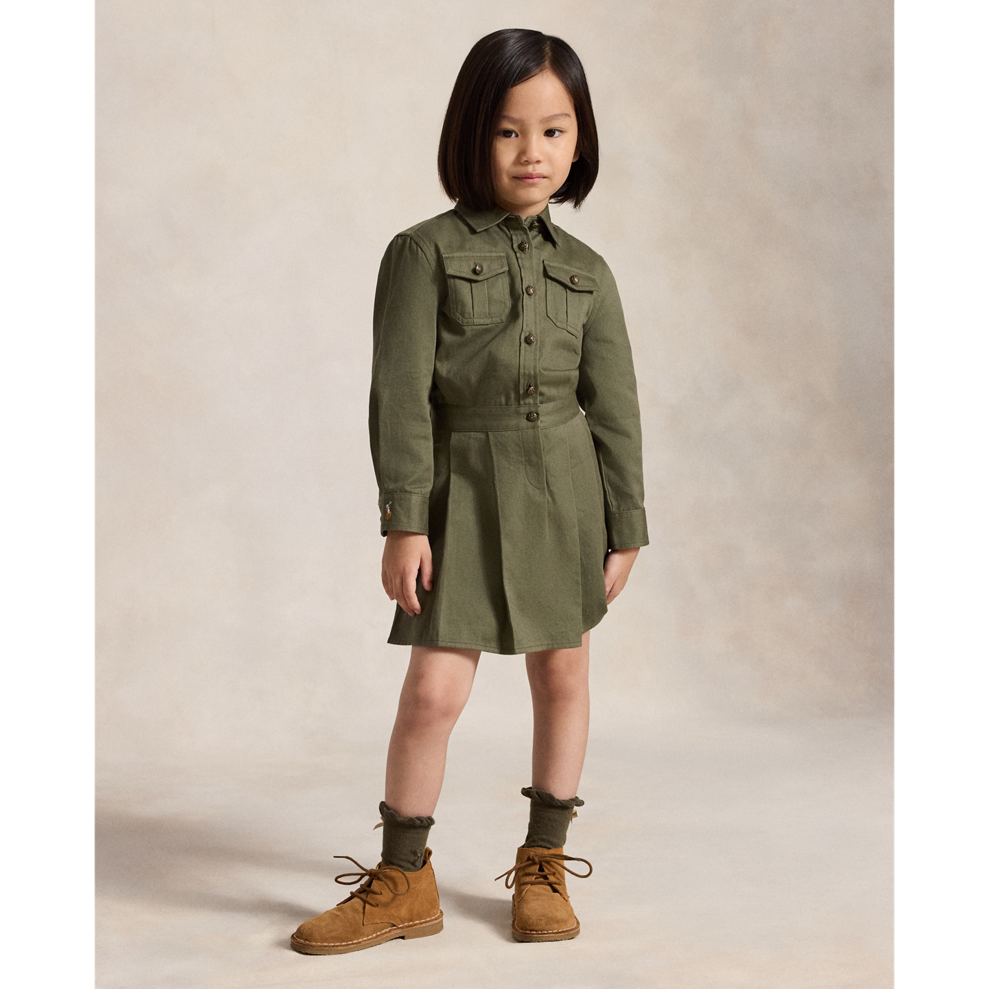 Детское платье Ralph Lauren Pleated Cotton Twill Shirtdress, цвет: Оливковый — фото 4