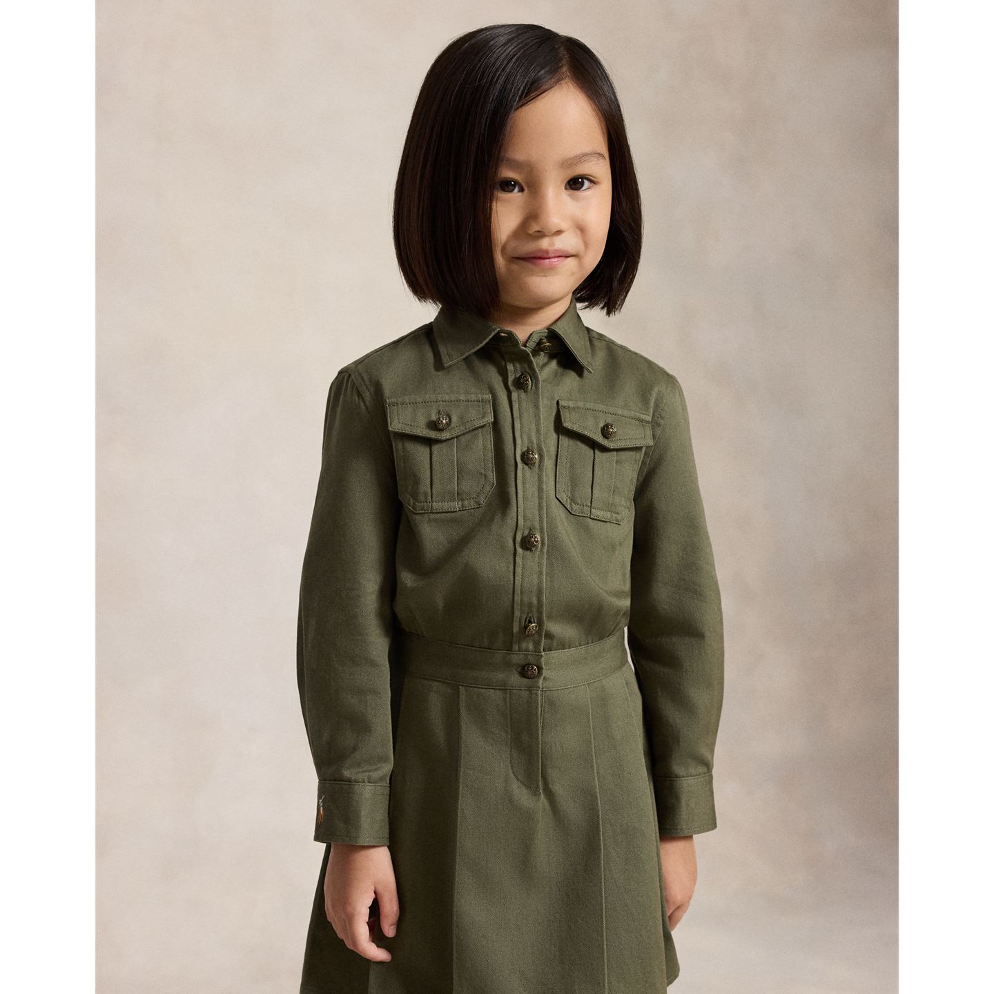Детское платье Ralph Lauren Pleated Cotton Twill Shirtdress, цвет: Оливковый — фото 2