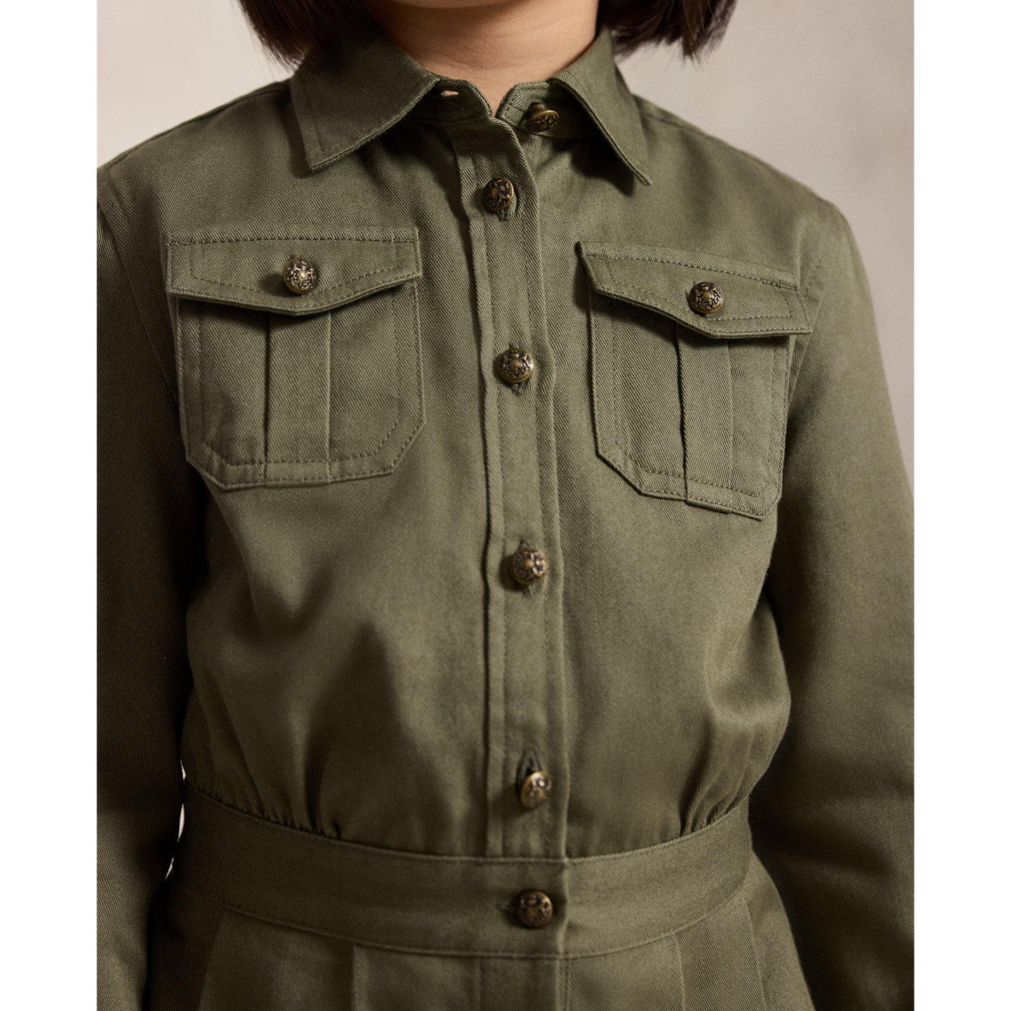 Детское платье Ralph Lauren Pleated Cotton Twill Shirtdress, цвет: Оливковый — фото 3