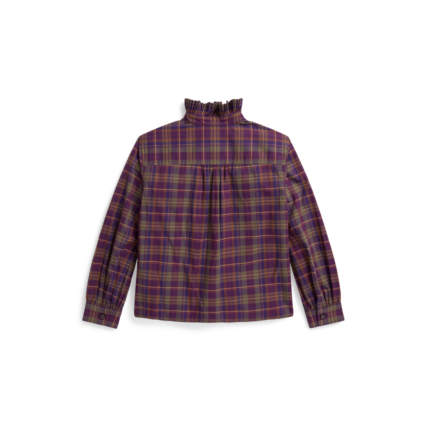 Детская рубашка Ralph Lauren Ruffle-Trim Plaid Cotton Poplin, цвет: Фиолетовый зелёный разноцветный — фото 1