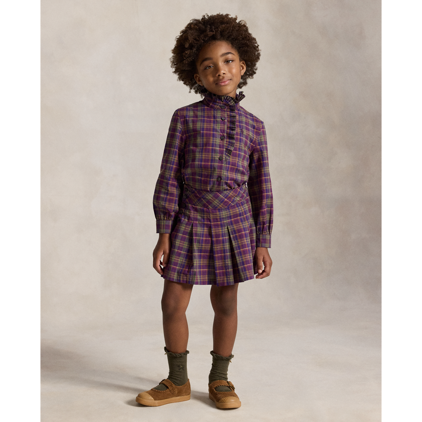 Детская рубашка Ralph Lauren Ruffle-Trim Plaid Cotton Poplin, цвет: Фиолетовый зелёный разноцветный — фото 4