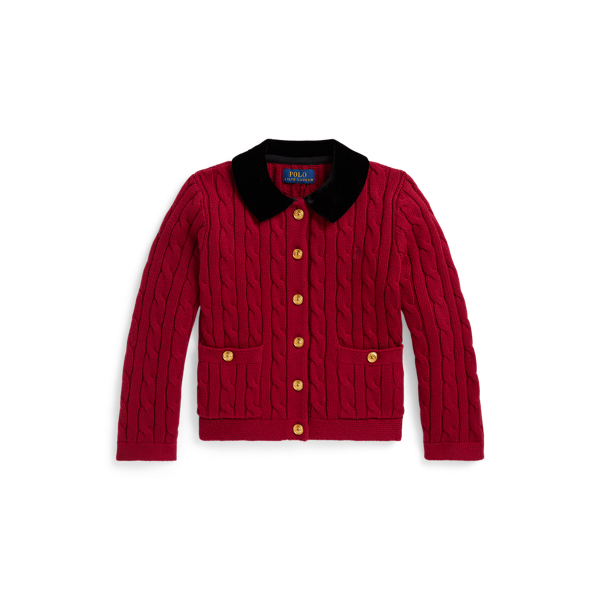 Velvet-Trim Cable Cotton Cardigan