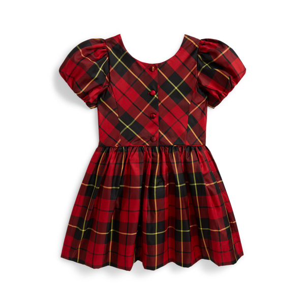 Plaid Balloon-Sleeve Taffeta Dress