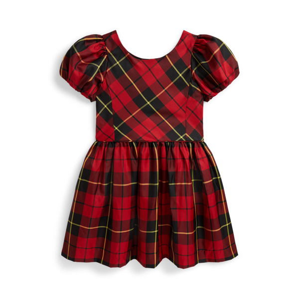Plaid Balloon-Sleeve Taffeta Dress