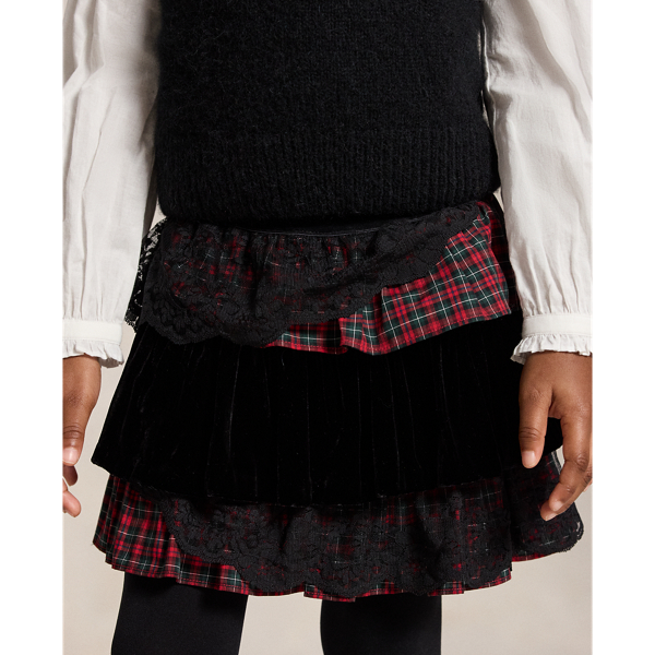 Lace-Trim Tiered Cotton Poplin Skirt