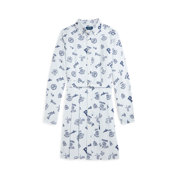 Pleated Graphic Cotton Oxford Shirtdress
