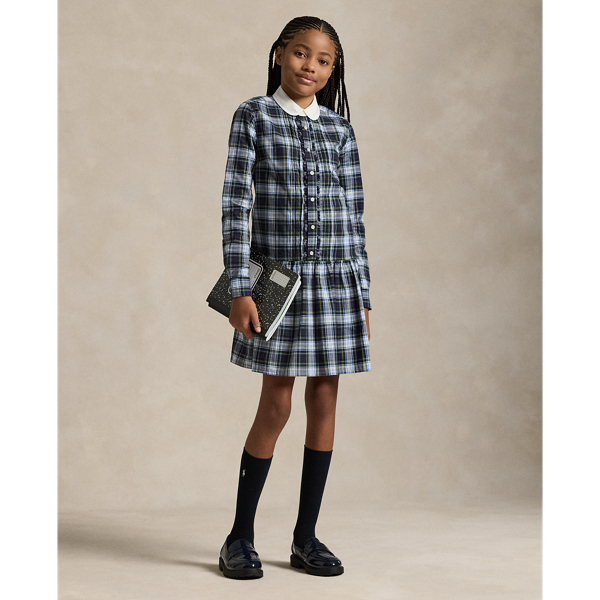 144 Navy Cream Multi Plaid Cotton Poplin Shirtdress Girls 7-14 Years 1