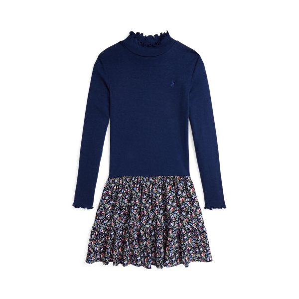 Robe col roul&eacute; avec jupe tiss&eacute;e fleurie