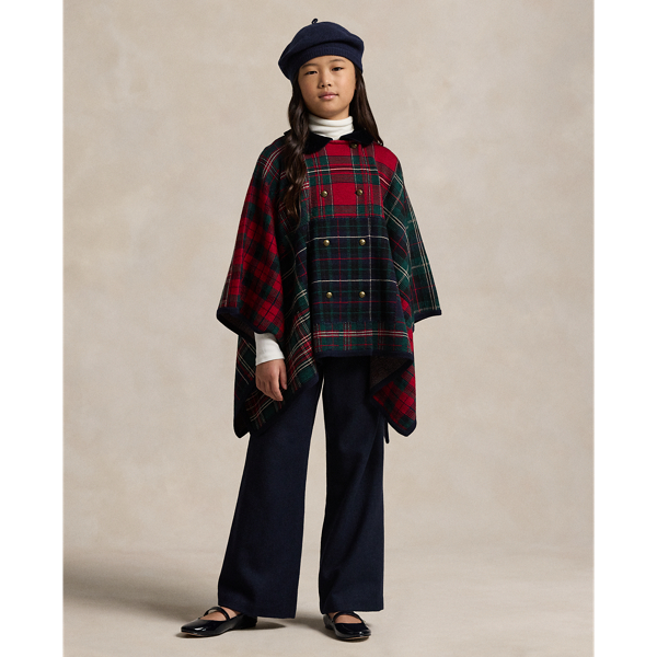 Rl Navy Multi Patchwork Plaid Wool Poncho Girls 2-16 1