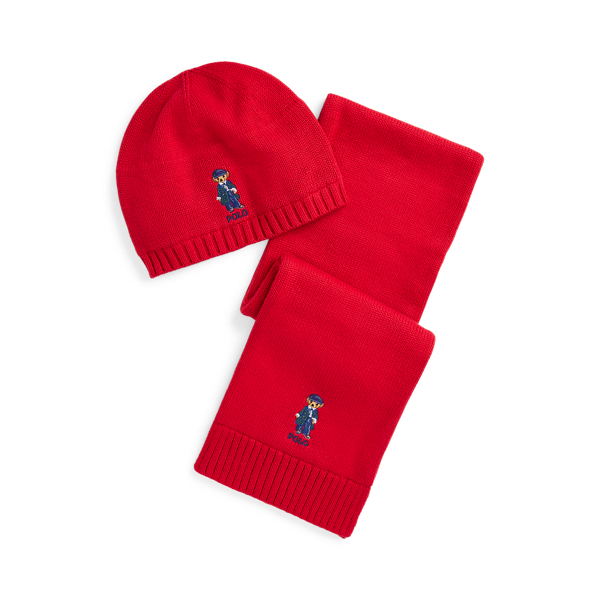 Polo Bear Cotton Blend Hat Scarf Set