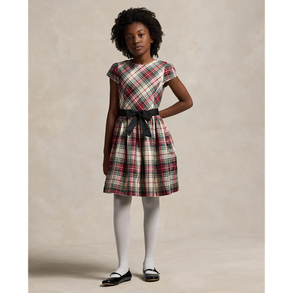 Cream Red Multi Plaid Twill Dress Girls 7-16 1