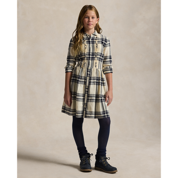 Cream Navy Plaid Cotton Twill Shirtdress Girls 7-16 1