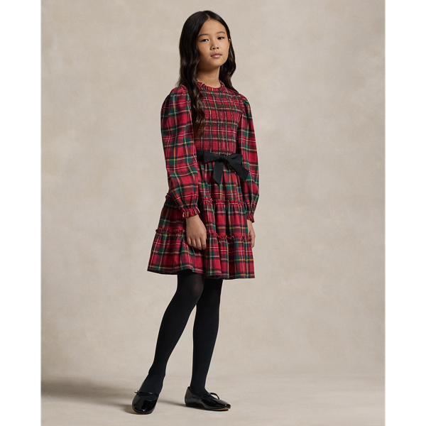 Red Steward Tartan Plaid Smocked Cotton Jersey Dress Girls 7-16 1