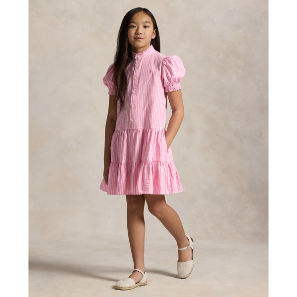 Pink/white Gestreiftes Leinen-Baumwoll-Stufenkleid Girls 7-14 Years 1