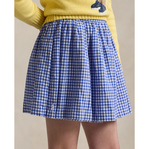 新品♡定価3.4万♡ RALPH LAUREN ギンガム 巻き　スカート　麻　青 ギンガム リネンコットン ラップ スコート | ラルフ ローレン