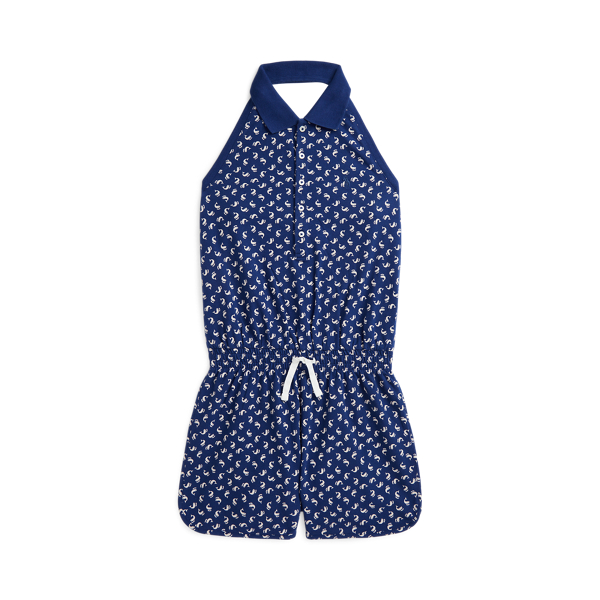 Dolphin-Print Mesh Polo Romper