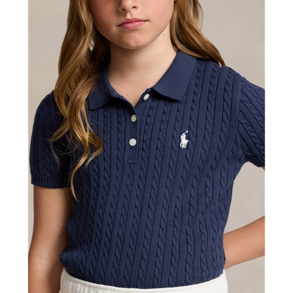 Newport Navy / White Mini-Cable Short-Sleeve Polo Jumper Girls 7-14 Years 5