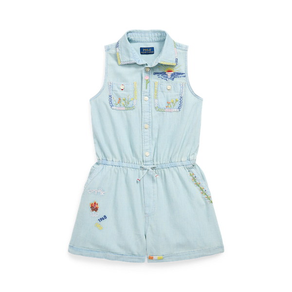Embroidered Cotton Chambray Playsuit 