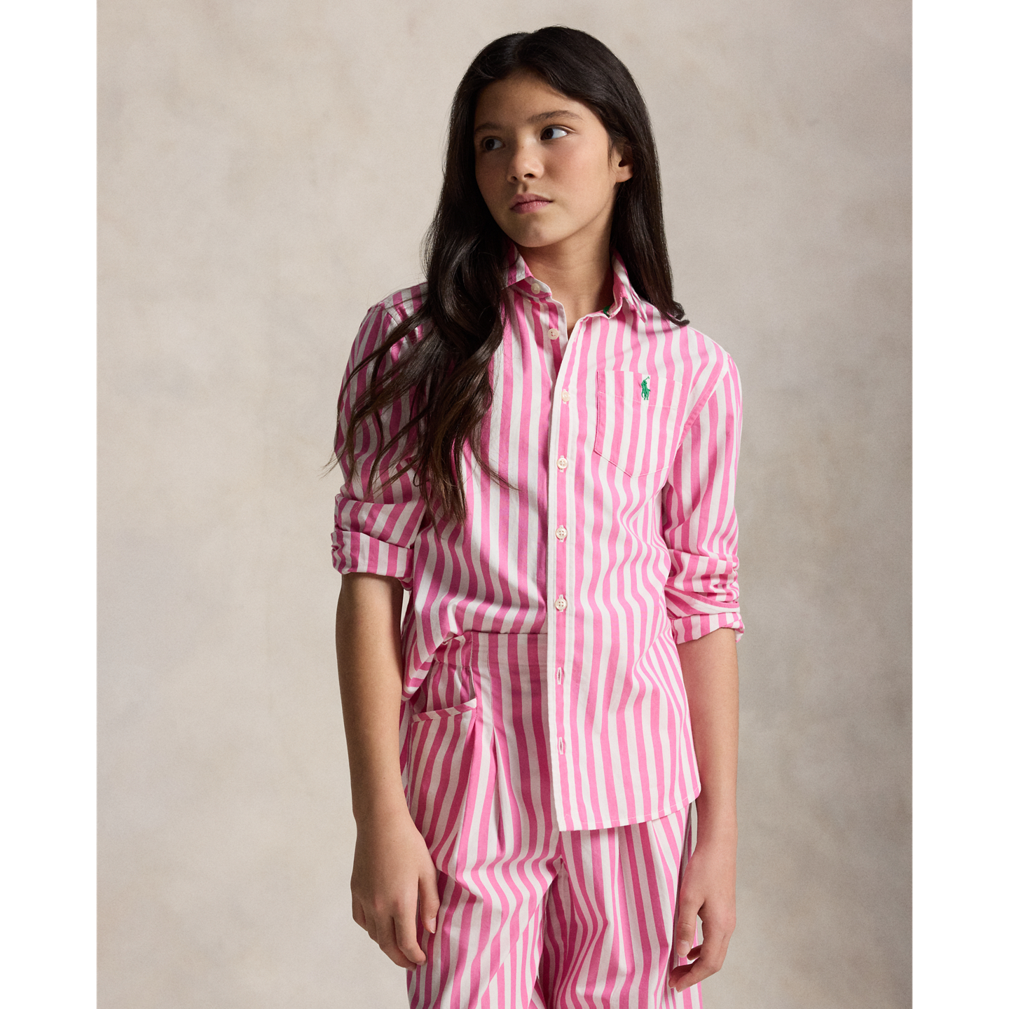 Детская рубашка Ralph Lauren Striped Cotton Poplin Boxy, цвет: Пустынный розовый / Белый — фото 4