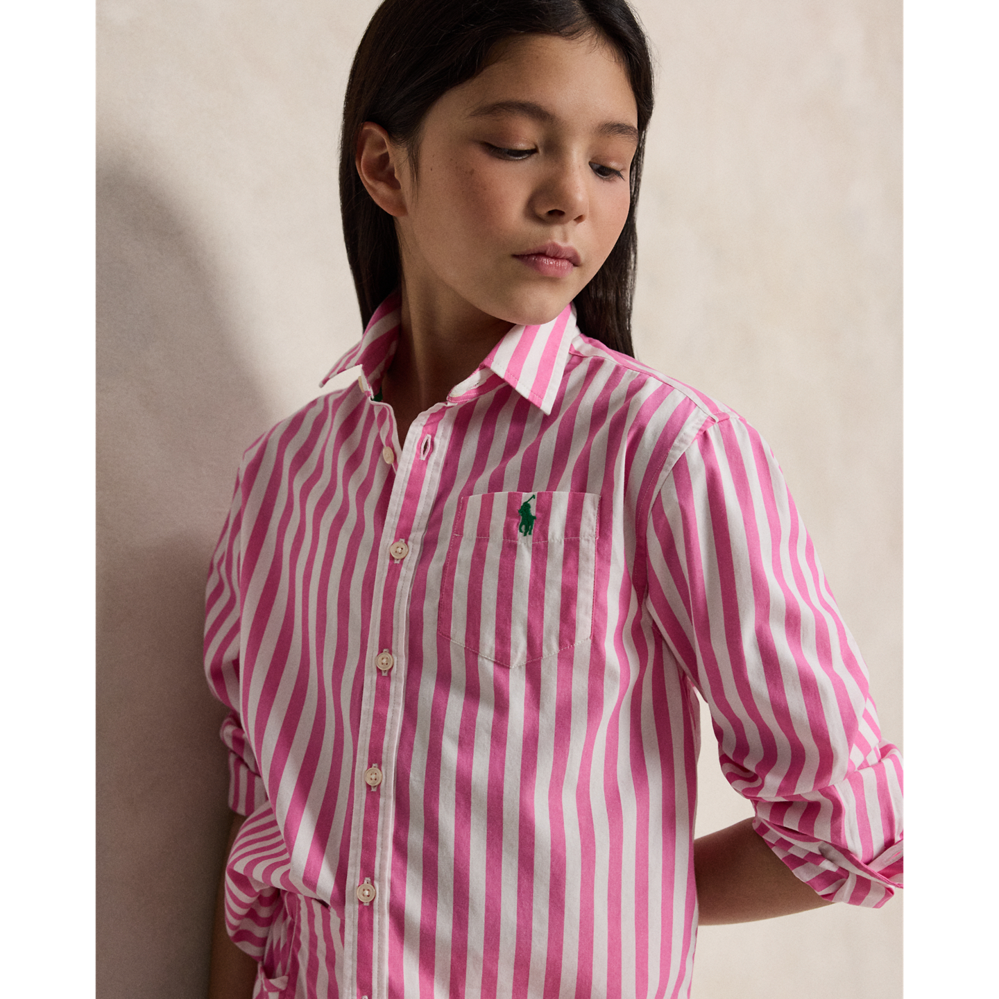 Детская рубашка Ralph Lauren Striped Cotton Poplin Boxy, цвет: Пустынный розовый / Белый — фото 3