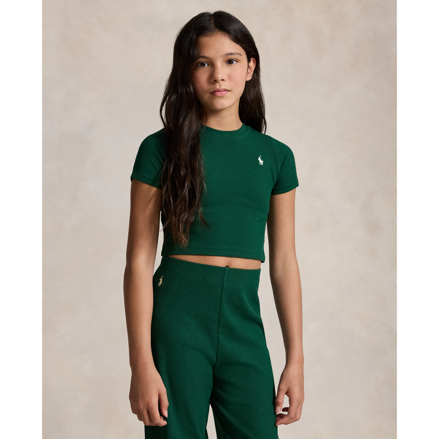 Детская футболка Ralph Lauren Ribbed Boxy, цвет: Тёмно-зелёный — фото 4