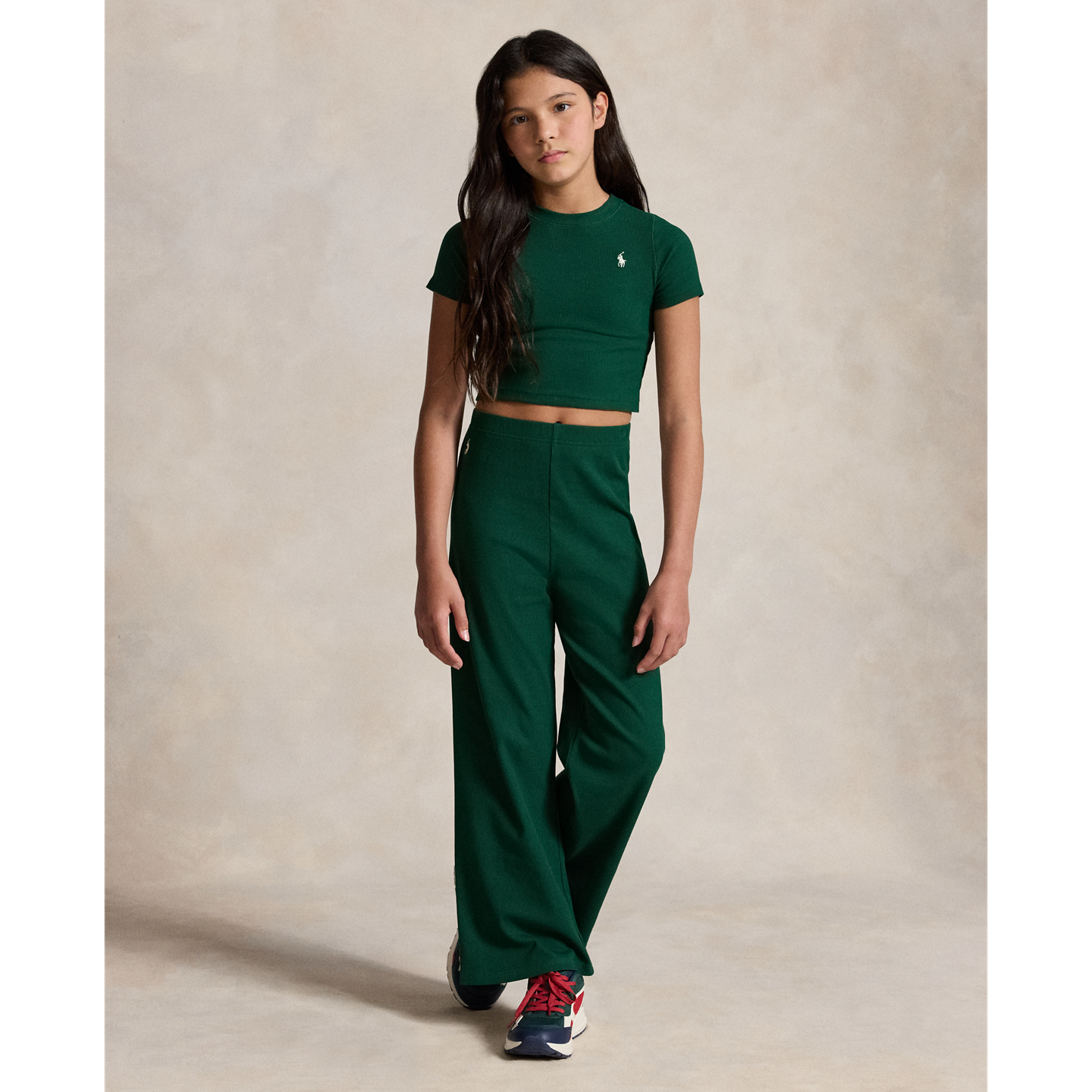 Детская футболка Ralph Lauren Ribbed Boxy, цвет: Тёмно-зелёный — фото 2