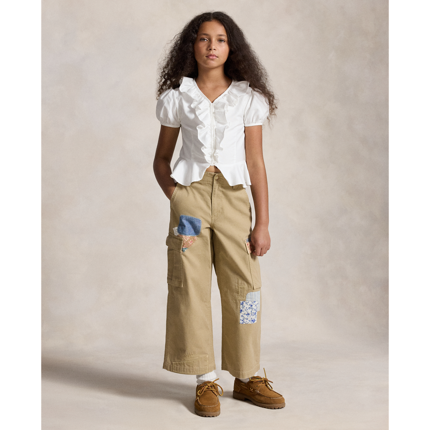 Детские брюки Ralph Lauren Patchwork Canvas Wide-Leg Cargo, цвет: Варёный — фото 4