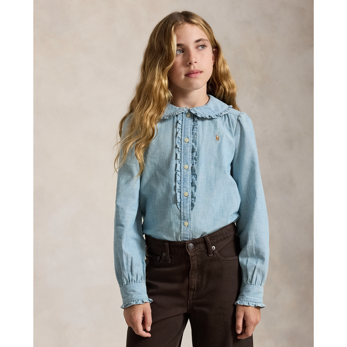 Детский топ Ralph Lauren Cotton Chambray Ruffled, цвет: Средняя варка — фото 4