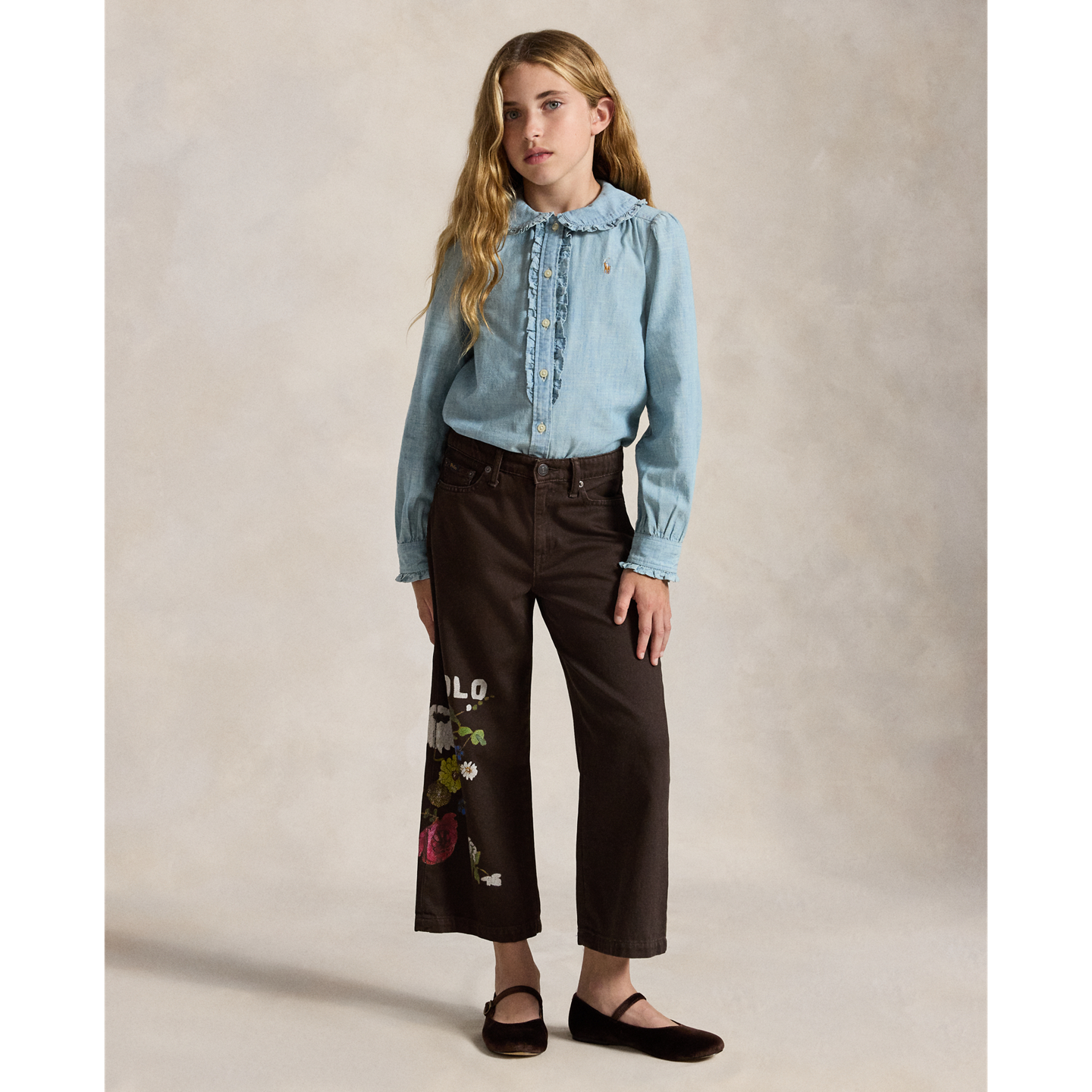 Детский топ Ralph Lauren Cotton Chambray Ruffled, цвет: Средняя варка — фото 2