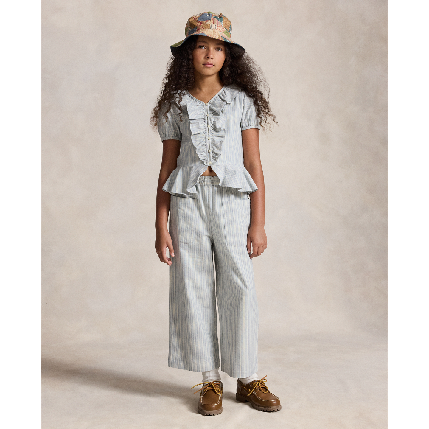 Детские брюки Ralph Lauren Striped Cotton Cropped Wide-Leg, цвет: Синий кремовый разноцветный — фото 4