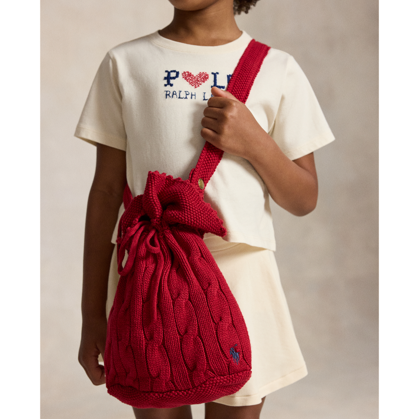Детская сумка Ralph Lauren Cable-Knit Cotton Drawstring Bucket, цвет: Красный — фото 5