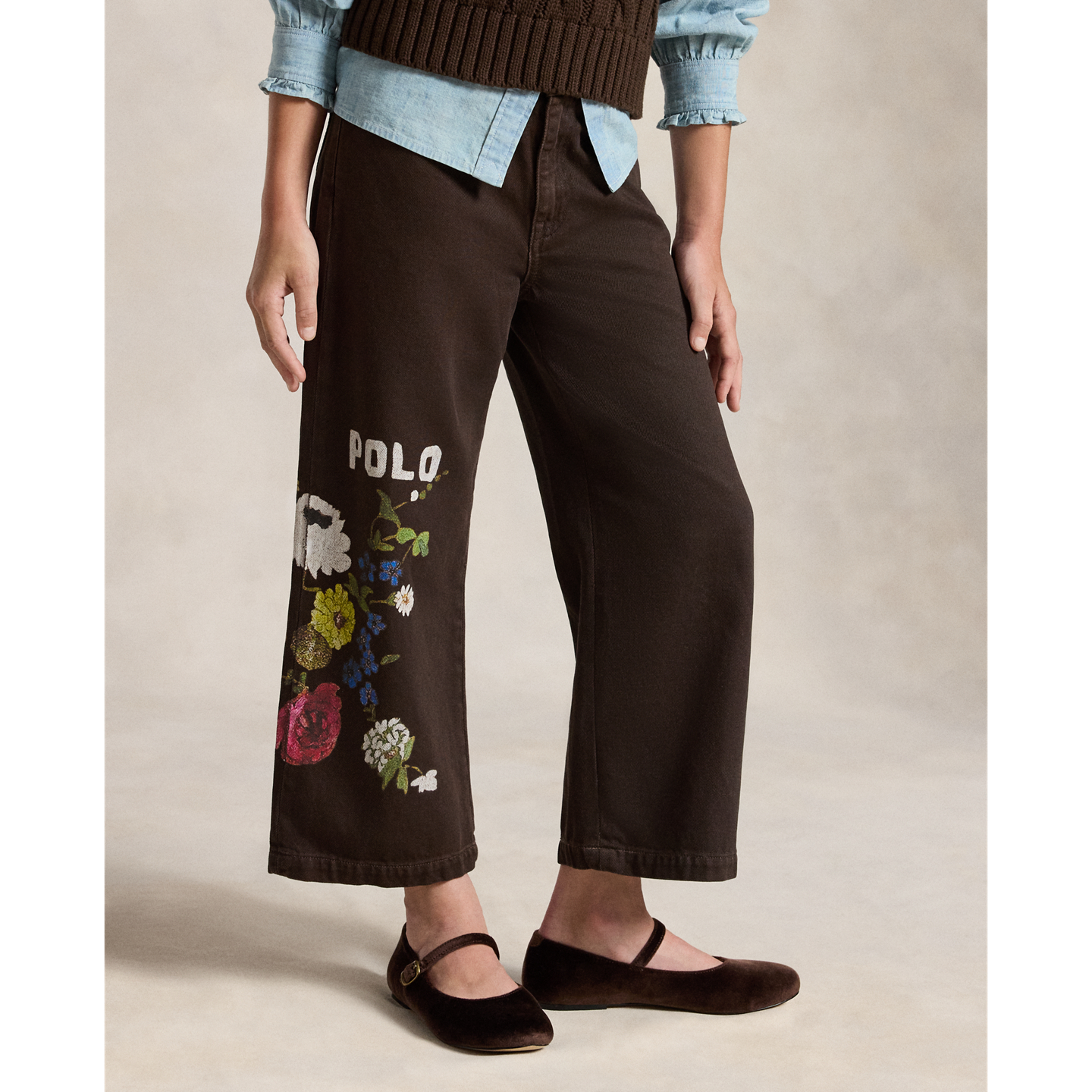 Детские джинсы Ralph Lauren Floral Cropped Wide-Leg, цвет: Варёный — фото 2