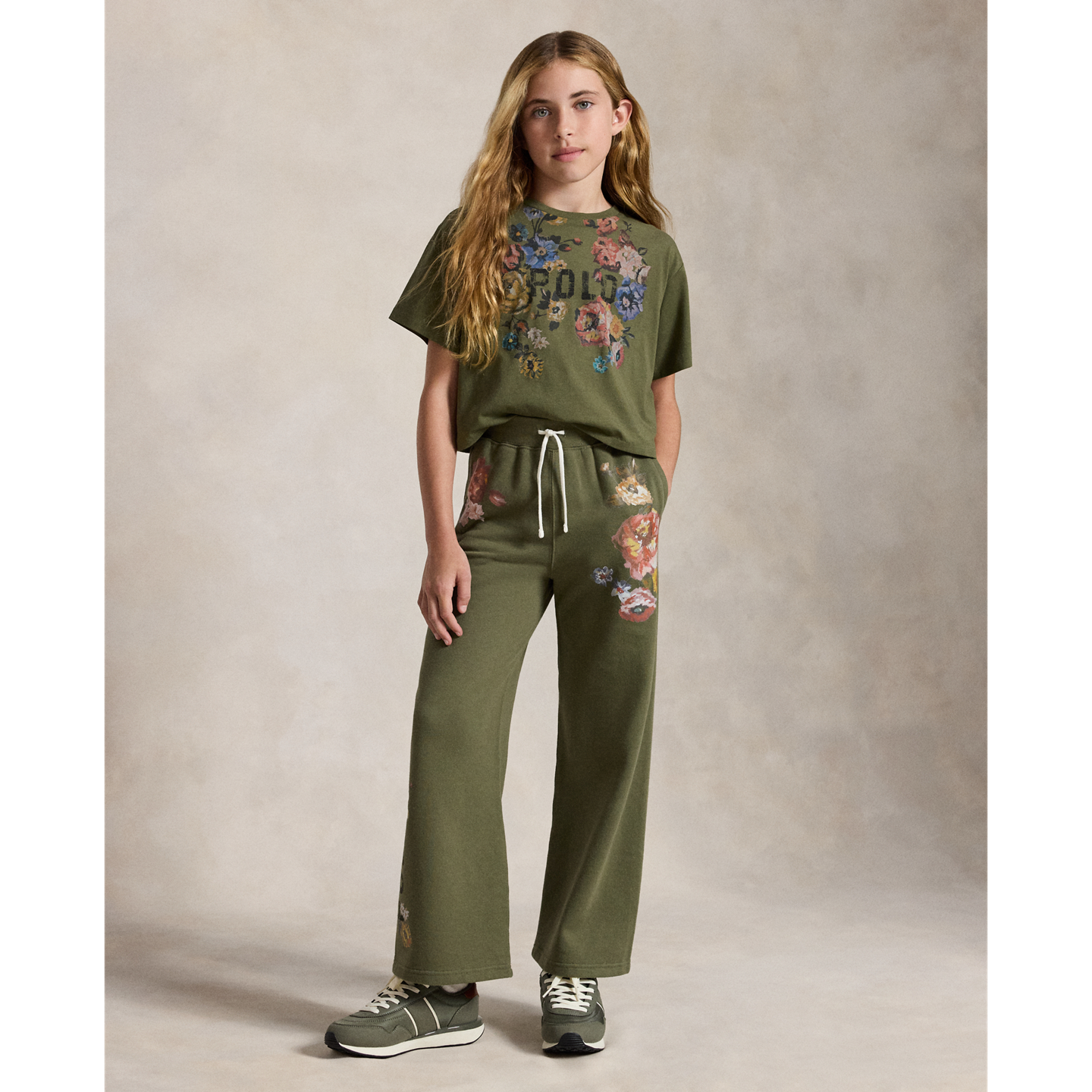 Детские брюки Ralph Lauren Floral Wide-Leg Fleece Sweatpant, цвет: Оливковый — фото 5