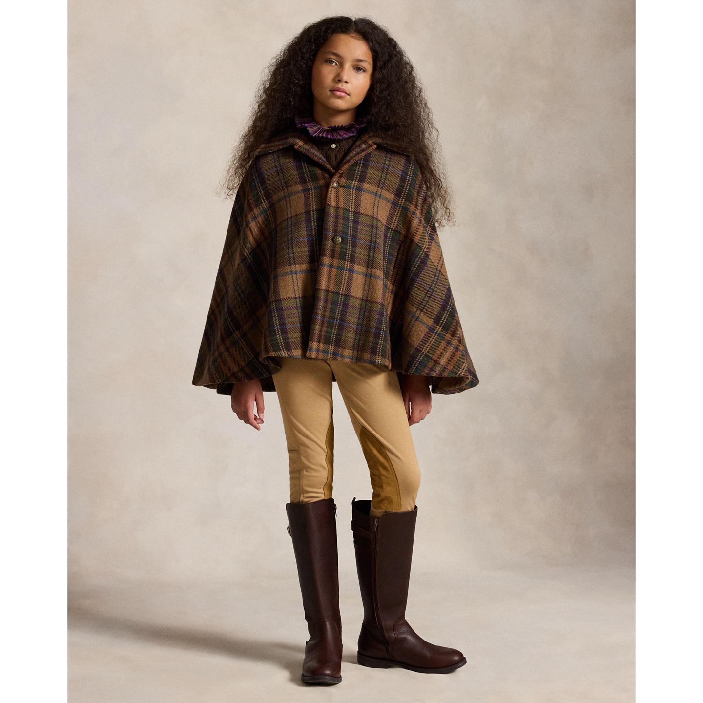 Детская накидка Ralph Lauren Plaid Wool Tweed Cape, цвет: Коричневый разноцветный клетчатый — фото 2