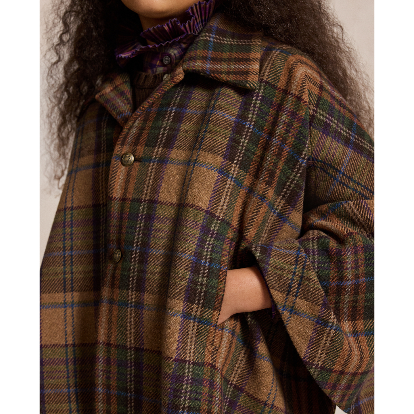 Детская накидка Ralph Lauren Plaid Wool Tweed Cape, цвет: Коричневый разноцветный клетчатый — фото 3