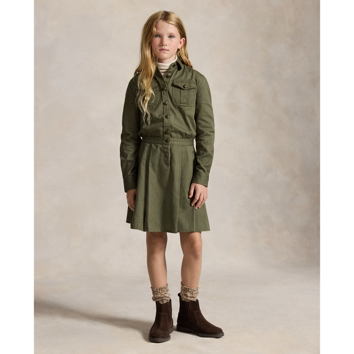 Детское платье Ralph Lauren Pleated Cotton Twill Shirtdress, цвет: Оливковый — фото 4